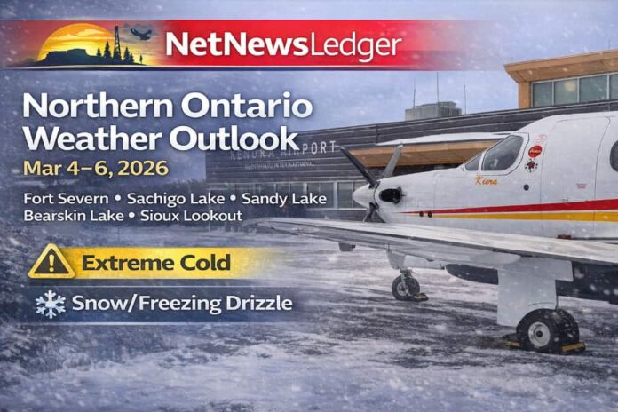 Northern Ontario weather outlook for March 4–6, 2026 covering Fort Severn, Sachigo Lake, Sandy Lake, Bearskin Lake, and Sioux Lookout. Extreme cold and wind chills near -45 in the Far North, snow and gusty winds in Sioux Lookout, and a freezing drizzle risk in spots as the week continues.