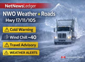 March 1, 2026: Northwestern Ontario Weather and Roads Report — Bitter Morning Cold, Slow Warm-Up Begins Monday orthwestern Ontario weather and roads report for March 1, 2026 featuring Kenora, Dryden, Ignace, Fort Frances, Atikokan, Red Lake, and Thunder Bay. Extreme morning cold with wind chills near -40 and cold warnings in effect for parts of the region. Ontario 511 highlights Highway 17 construction near Kenora and between Schreiber and Marathon; a gradual warm-up begins Monday with flurry chances and gusty winds