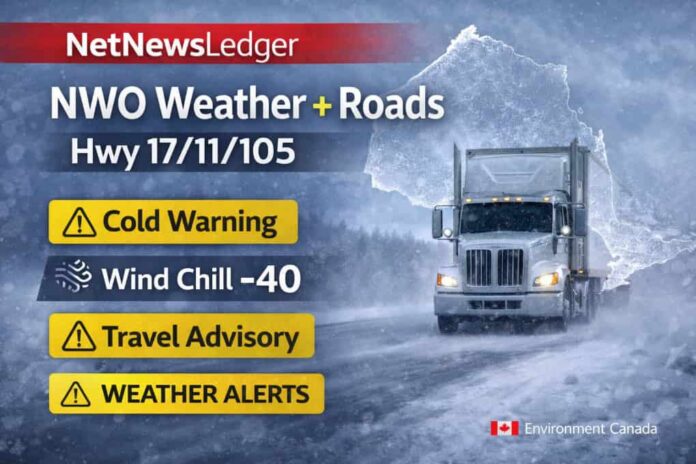 orthwestern Ontario weather and roads report for March 1, 2026 featuring Kenora, Dryden, Ignace, Fort Frances, Atikokan, Red Lake, and Thunder Bay. Extreme morning cold with wind chills near -40 and cold warnings in effect for parts of the region. Ontario 511 highlights Highway 17 construction near Kenora and between Schreiber and Marathon; a gradual warm-up begins Monday with flurry chances and gusty winds