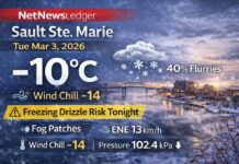 March 3, 2026: Sault Ste. Marie Weather Forecast — Flurries Possible, Freezing Drizzle Risk Tonight Sault Ste. Marie weather forecast for Tuesday, March 3, 2026: partly cloudy early near -10°C, becoming cloudy with a 40% chance of flurries and a high of +1°C. Tonight brings a 30% chance of flurries with a risk of freezing drizzle and fog patches, low -6°C. Wednesday stays mainly cloudy with flurries then drizzle and freezing drizzle risk in the morning, high +4°C.