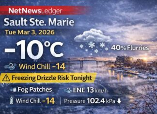 March 3, 2026: Sault Ste. Marie Weather Forecast — Flurries Possible, Freezing Drizzle Risk Tonight Sault Ste. Marie weather forecast for Tuesday, March 3, 2026: partly cloudy early near -10°C, becoming cloudy with a 40% chance of flurries and a high of +1°C. Tonight brings a 30% chance of flurries with a risk of freezing drizzle and fog patches, low -6°C. Wednesday stays mainly cloudy with flurries then drizzle and freezing drizzle risk in the morning, high +4°C.