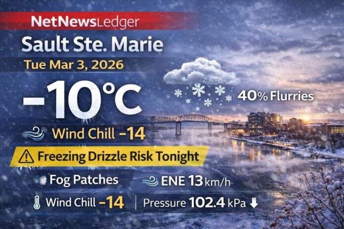 Sault Ste. Marie weather forecast for Tuesday, March 3, 2026: partly cloudy early near -10°C, becoming cloudy with a 40% chance of flurries and a high of +1°C. Tonight brings a 30% chance of flurries with a risk of freezing drizzle and fog patches, low -6°C. Wednesday stays mainly cloudy with flurries then drizzle and freezing drizzle risk in the morning, high +4°C.