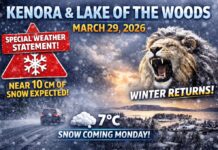 March 29, 2026: Kenora and Lake of the Woods Face a Sharp Return to Winter Kenora weather, Lake of the Woods weather, Kenora forecast, Lake of the Woods forecast, Kenora snow, Special Weather Statement, Kenora Grassy Narrows Whitedog, Environment Canada Kenora, March 29 2026 weather, Northwestern Ontario weather, Colorado Low, Kenora Airport weather, spring snowstorm, periods of snow, flurries, snowfall warning outlook, Ontario weather statement, Kenora road conditions, Lake of the Woods road conditions, late March weather, April 1 forecast Kenora, Canadian weather, Northern Ontario forecast, snow beginning Monday afternoon, near 10 cm snow