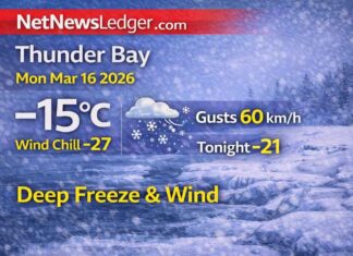 March 16, 2026: Thunder Bay Detailed Weather Forecast — Windy Deep Freeze, Then a Midweek Warm-Up Thunder Bay weather update for Monday, March 16, 2026: -15°C this morning with wind chill -24 and falling pressure. Strong north winds gusting to 60 km/h keep wind chills near -27. High -10°C today, low -21°C tonight. Mainly sunny Tuesday then snow Tuesday night, followed by a warm-up to +2°C Wednesday and +5°C Thursday with mixed snow/rain possible