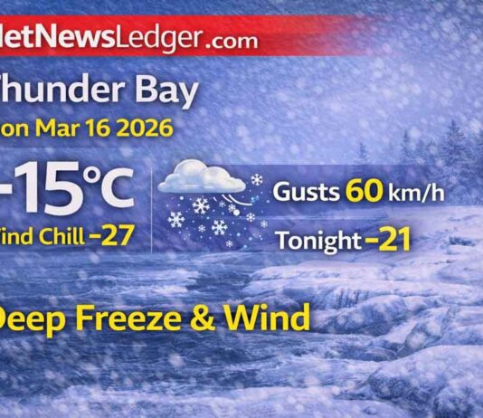 March 16, 2026: Thunder Bay Detailed Weather Forecast — Windy Deep Freeze, Then a Midweek Warm-Up Thunder Bay weather update for Monday, March 16, 2026: -15°C this morning with wind chill -24 and falling pressure. Strong north winds gusting to 60 km/h keep wind chills near -27. High -10°C today, low -21°C tonight. Mainly sunny Tuesday then snow Tuesday night, followed by a warm-up to +2°C Wednesday and +5°C Thursday with mixed snow/rain possible