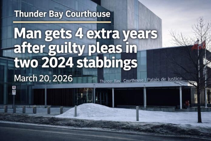 Jeremy Tyler Wade Mequanawap, 32, was sentenced in Thunder Bay on March 20, 2026, after pleading guilty in connection with two separate stabbing incidents that happened one week apart in March 2024