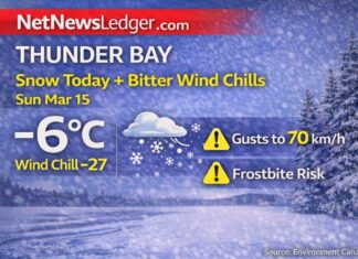 March 15, 2026: Thunder Bay Weather Outlook — Snow Today, Then Wind and Bitter Wind Chills Thunder Bay weather outlook for Sunday, March 15, 2026: partly cloudy and -6°C this morning, turning cloudy with a 60% chance of snow later today. Winds increase tonight with gusts to 50 km/h and wind chills near -27. Monday is mainly sunny but very windy with gusts to 70 km/h, a high of -9°C, and wind chills near -29 with frostbite risk.