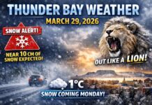 March 29, 2026: Thunder Bay Weather Turns Wintry Again as March Threatens to Go Out “Like a Lion” Thunder Bay weather forecast for March 29, 2026: mostly cloudy and 1°C this evening, then snow builds Monday afternoon with near 10 cm possible through Tuesday before a sunnier Wednesday.
