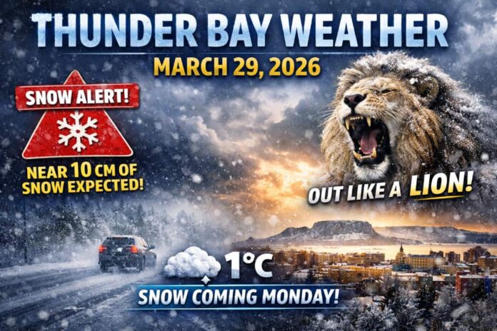 Thunder Bay weather forecast for March 29, 2026: mostly cloudy and 1°C this evening, then snow builds Monday afternoon with near 10 cm possible through Tuesday before a sunnier Wednesday.