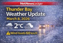 March 8, 2026: Thunder Bay Forecast — Wet Snow This Morning, Windy and Milder to +9°C Thunder Bay Weather