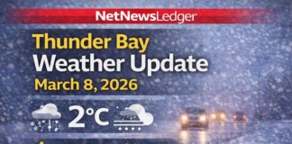 March 8, 2026: Thunder Bay Forecast — Wet Snow This Morning, Windy and Milder to +9°C Thunder Bay Weather