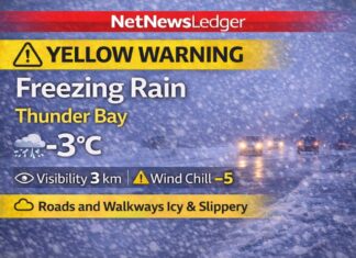 March 6, 2026: Thunder Bay Weather Desk — Yellow Warning for Freezing Rain as Icy Conditions Continue Thunder Bay weather update for Friday, March 6, 2026: Yellow Warning for freezing rain in effect as light freezing rain continues this afternoon with reduced visibility. Icy, slippery roads and walkways expected, with freezing rain ending late afternoon and changing to rain or drizzle. Tonight rain transitions to snow with a low of -4°C, followed by periods of snow Saturday and milder temperatures into Sunday.