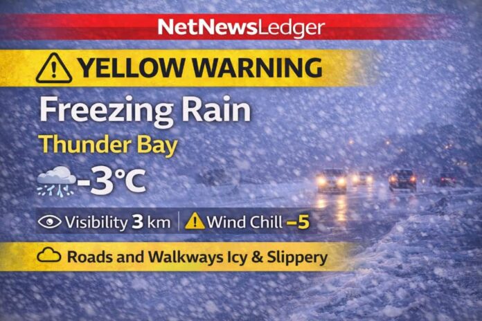 Thunder Bay weather update for Friday, March 6, 2026: Yellow Warning for freezing rain in effect as light freezing rain continues this afternoon with reduced visibility. Icy, slippery roads and walkways expected, with freezing rain ending late afternoon and changing to rain or drizzle. Tonight rain transitions to snow with a low of -4°C, followed by periods of snow Saturday and milder temperatures into Sunday.