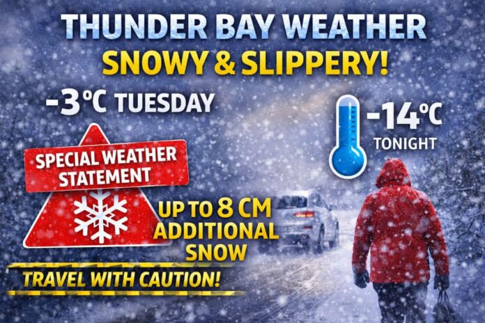 Thunder Bay weather for March 31, 2026: light snow and -3°C this morning, with 4 to 8 cm of additional snowfall possible today before clearing tonight and colder weather settling in
