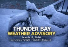 Special Weather Statement March 19, 2026: Thunder Bay Snow Tonight After a Mostly Cloudy Afternoon Thunder Bay weather forecast for March 19, 2026: mostly cloudy skies give way to heavy snow tonight, with Environment Canada warning of reduced visibility and snowfall near 10 cm in stronger bursts