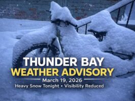Special Weather Statement March 19, 2026: Thunder Bay Snow Tonight After a Mostly Cloudy Afternoon Thunder Bay weather forecast for March 19, 2026: mostly cloudy skies give way to heavy snow tonight, with Environment Canada warning of reduced visibility and snowfall near 10 cm in stronger bursts