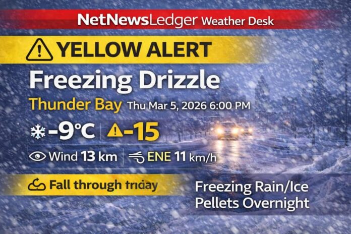 Thunder Bay weather update for Thursday evening, March 5, 2026: light snow and -9°C at 6:00 PM with falling pressure. A Yellow Advisory for freezing drizzle is in effect, with freezing drizzle expected overnight into Friday