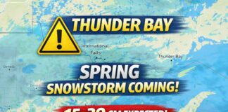 April 4, 2026: Thunder Bay Faces a Full-Blown Spring Snowstorm Through Sunday Thunder Bay weather for April 4 to 6, 2026: a spring snowstorm brings 15 to 30 cm through Sunday morning, hazardous travel on Saturday, improving weather Sunday, and colder conditions again Monday.