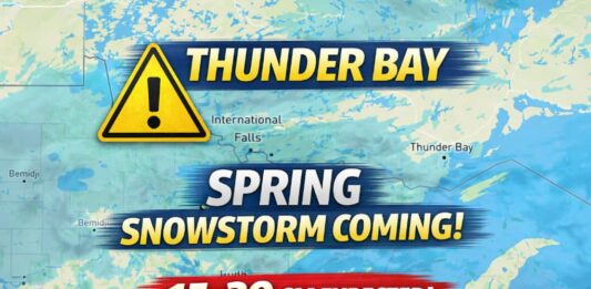 April 4, 2026: Thunder Bay Faces a Full-Blown Spring Snowstorm Through Sunday Thunder Bay weather for April 4 to 6, 2026: a spring snowstorm brings 15 to 30 cm through Sunday morning, hazardous travel on Saturday, improving weather Sunday, and colder conditions again Monday.