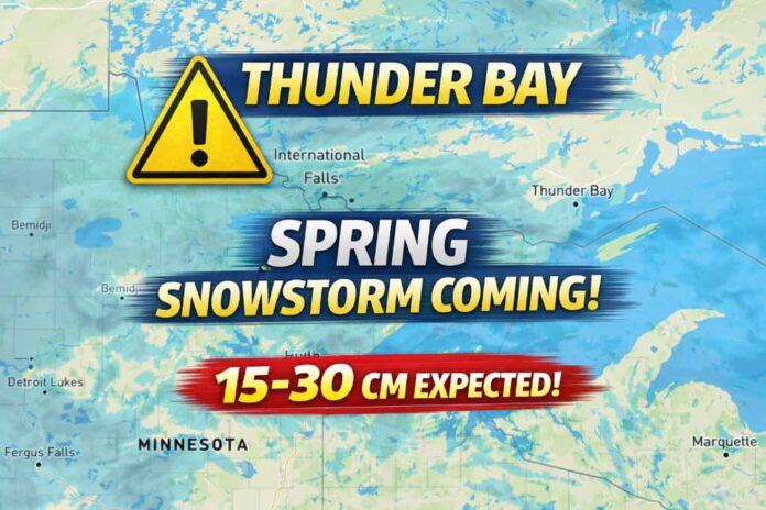 Thunder Bay weather for April 4 to 6, 2026: a spring snowstorm brings 15 to 30 cm through Sunday morning, hazardous travel on Saturday, improving weather Sunday, and colder conditions again Monday. Thunder Bay weather for April 4 to 6, 2026: a spring snowstorm brings 15 to 30 cm through Sunday morning, hazardous travel on Saturday, improving weather Sunday, and colder conditions again Monday.