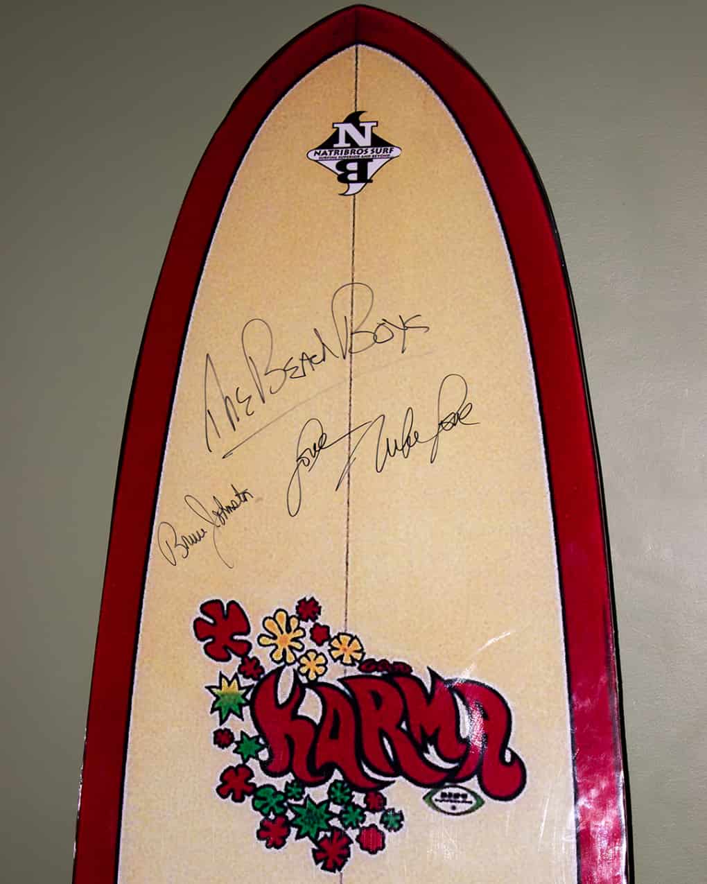 Guitar signed by KT Tunstall Guitar signed by Megan Patrick Guitar signed by Ben Haggard and Noel Haggard Guitar signed by Ziggy Marley Signed Posters including: ZZ Top, Jay Leno, Chris D’Elia, Ron White, Jesse Cook, Buckcherry, Alessia Cara Formcore replica surfboard signed by members of The Beach Boys Longboard signed by Cheech and Chong Drumskin signed by Doobie Brothers