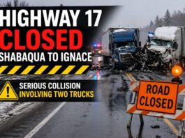 Highway 17 closed between Shabaqua and Ignace after a serious crash involving two trucks Highway 17 closed april 16 2026