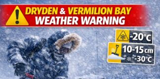 April 7, 2026: Dryden and Vermilion Bay Dig In as Winter Sticks Around With 10 to 15 cm of Snow Weather Alert for Dryden and Vermilion Bay