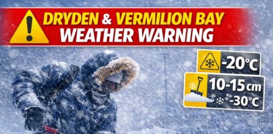 April 7, 2026: Dryden and Vermilion Bay Dig In as Winter Sticks Around With 10 to 15 cm of Snow Weather Alert for Dryden and Vermilion Bay