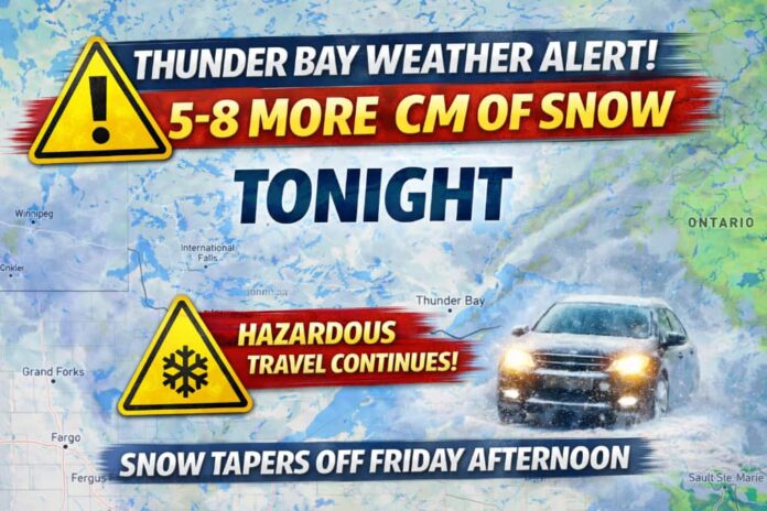 Thunder Bay weather update for April 2, 2026: a Yellow Snowfall Warning remains in effect Thursday night, with 10 to 20 cm expected by Friday