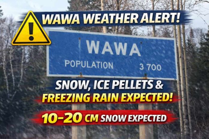 Wawa weather for April 4 to 6, 2026: a Yellow Snowfall Warning is in effect with 10 to 20 cm expected, along with ice pellets, freezing rain risk, difficult travel, and colder weather into Monday