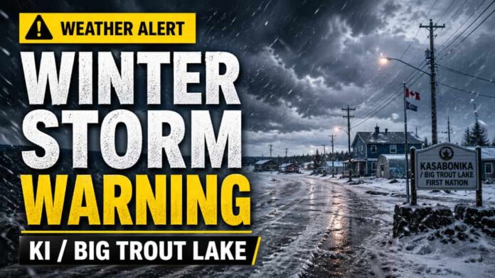 A late-season winter storm is moving toward the Big Trout Lake–Kasabonika region, bringing a messy mix of snow, ice pellets, freezing rain, and strong winds from Thursday morning through Saturday afternoon