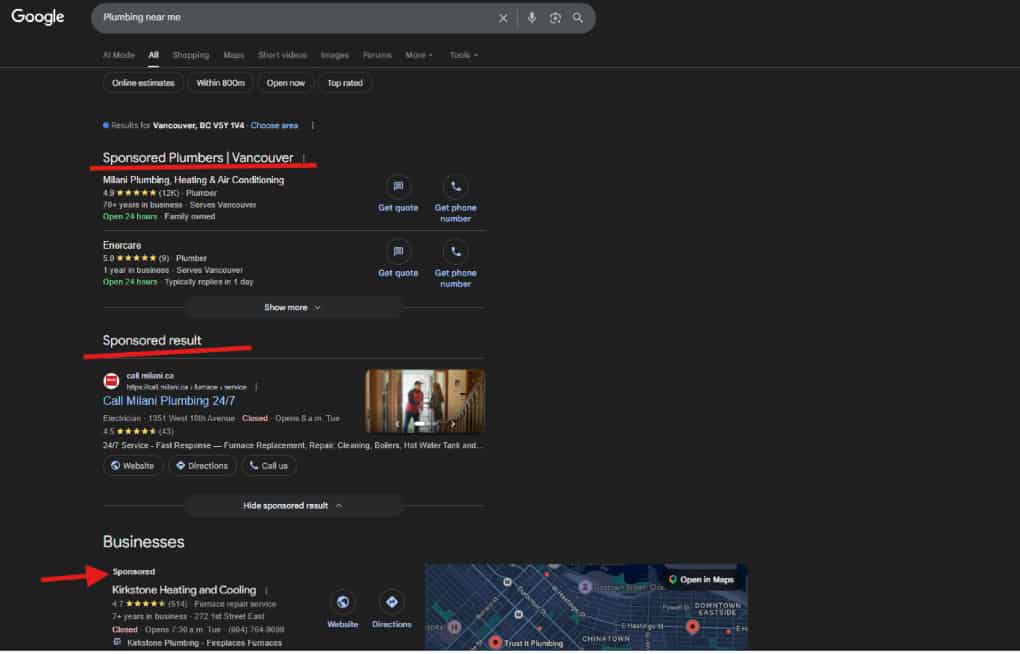 google sponsored plumbers