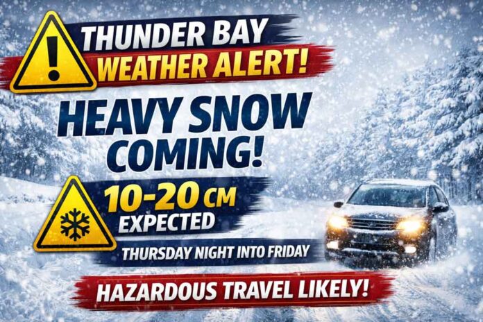 Thunder Bay weather, Thunder Bay forecast, Thunder Bay snowfall warning, April 1 2026 weather, Environment Canada Thunder Bay, Yellow Snowfall Warning, Thunder Bay snowstorm, Thunder Bay travel warning, Northwestern Ontario weather, Colorado low, heavy snow Thunder Bay, blowing snow, reduced visibility, road closures possible, winter storm Thunder Bay, Thursday night snow, Friday morning forecast, Lake Superior weather, Thunder Bay road conditions, Ontario weather alert