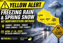April 17–18, 2026: Freezing Rain Warning Covers Much of Northwestern Ontario as a Sharp Cooldown Sweeps In yellow Weather Alert for April 17 18 19 2026