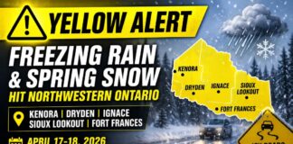 April 17–18, 2026: Freezing Rain Warning Covers Much of Northwestern Ontario as a Sharp Cooldown Sweeps In yellow Weather Alert for April 17 18 19 2026