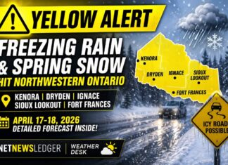 April 17–18, 2026: Freezing Rain Warning Covers Much of Northwestern Ontario as a Sharp Cooldown Sweeps In yellow Weather Alert for April 17 18 19 2026