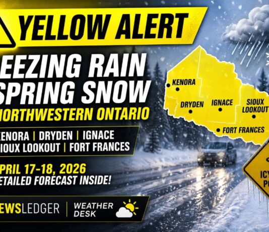 April 17–18, 2026: Freezing Rain Warning Covers Much of Northwestern Ontario as a Sharp Cooldown Sweeps In yellow Weather Alert for April 17 18 19 2026