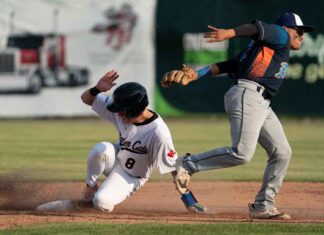 Thunder Bay Border Cats Thrill Fans with Huge Home Opener Win Border Cats Dylan Snead Stealing Second Base in Cat's Home Opener