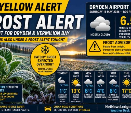 Dryden and Vermilion Bay Weather Forecast: Frost Alert Issued as Northwestern Ontario Spring Takes Another Cold Turn Frost Alert for Dryden, Vermilion Bay, and Kenora
