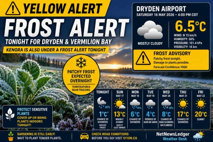 Frost Alert for Dryden, Vermilion Bay, and Kenora