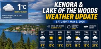 Kenora and Lake of the Woods Weather – May 9, 2026: Cloudy, Windy, and Slowly Warming Kenora and Lake of the Woods weather for May 9, 2026: Cloudy and windy today with a chance of showers, then sunshine Sunday and warmer weather next week.