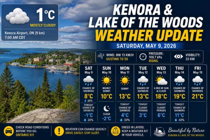 Kenora and Lake of the Woods weather for May 9, 2026: Cloudy and windy today with a chance of showers, then sunshine Sunday and warmer weather next week. Kenora and Lake of the Woods weather for May 9, 2026: Cloudy and windy today with a chance of showers, then sunshine Sunday and warmer weather next week.