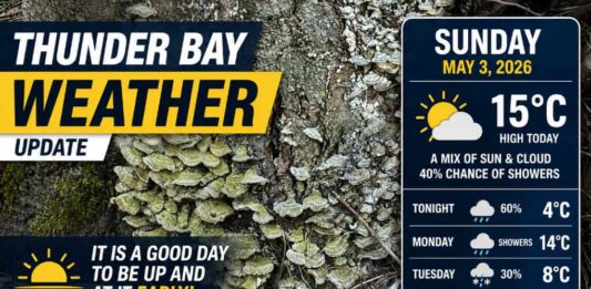 May 3, 2026: Thunder Bay Weather – A Good Morning to Get Moving Early Thunder Bay weather for May 3, 2026: Partly cloudy early, high 15°C, gusty west winds, and a chance of showers today and tonight