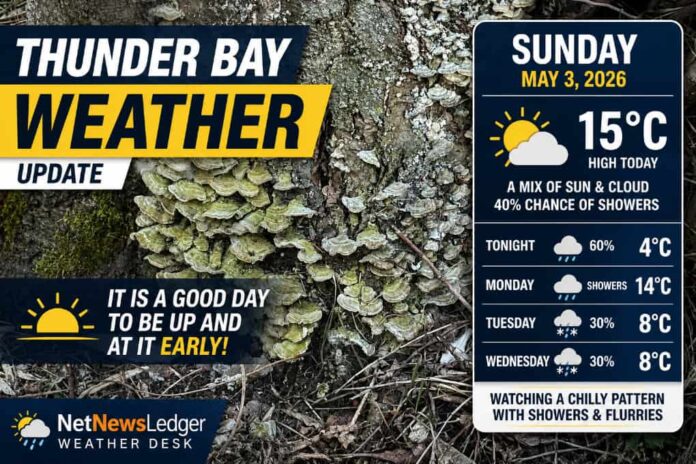  Thunder Bay weather for May 3, 2026: Partly cloudy early, high 15°C, gusty west winds, and a chance of showers today and tonight