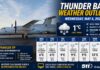 May 6, 2026: Thunder Bay Weather Outlook – Snowflakes in May Continue Across Northwestern Ontario Thunder Bay weather infographic with an airplane on the tarmac, showing a forecast panel: 1°C with light snow, wind and humidity for Wednesday, May 6, 2026, plus travel tips section on the left.