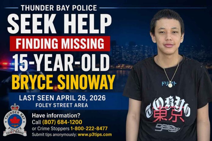 Thunder Bay police seek help finding missing 15-year-old Bryce Sinoway. Thunder Bay police seek help finding missing 15-year-old Bryce Sinoway.