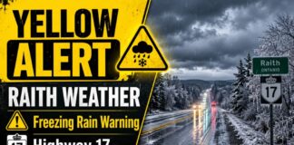 May 18, 2026: Raith Weather Alert — Freezing Rain Warning Targets Highway 17 Travel Raith and Upsala–Raith are under a freezing rain warning with 2–5 mm of ice possible early Tuesday into Tuesday afternoon. Highway 17 travel may be slippery