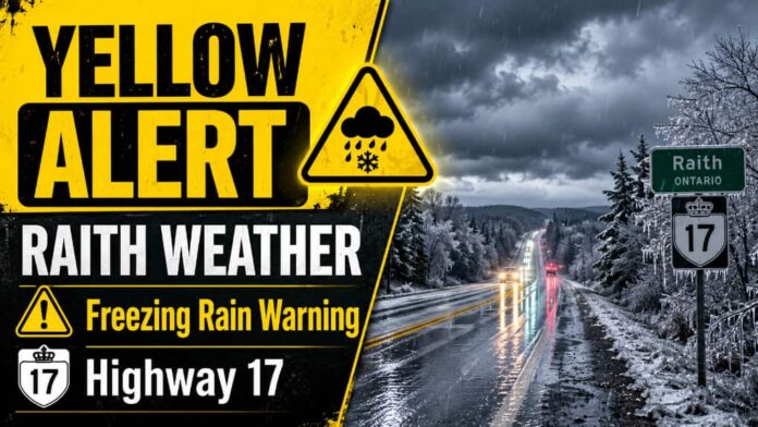 Raith and Upsala–Raith are under a freezing rain warning with 2–5 mm of ice possible early Tuesday into Tuesday afternoon. Highway 17 travel may be slippery