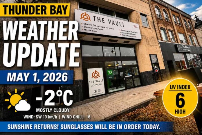 Thunder Bay weather, Thunder Bay forecast, May 1 2026 weather, Ontario weather, Northwestern Ontario weather, Thunder Bay sunshine, May weather Thunder Bay, spring weather Ontario, Lake Superior weather, UV index Thunder Bay, sunglasses weather, weekend weather Thunder Bay, Environment Canada Thunder Bay, rain showers Thunder Bay, flurries forecast