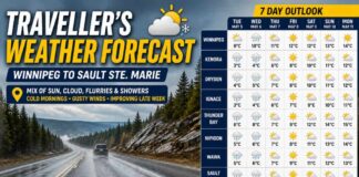 Traveller’s Weather Forecast: Winnipeg to Sault Ste. Marie – Early May 2026 Northern Ontario travel weather, Trans Canada Highway weather, Winnipeg weather, Kenora weather, Dryden weather, Ignace weather, Thunder Bay weather, Nipigon weather, Wawa weather, Sault Ste Marie weather, Ontario road conditions, 511 Ontario, spring driving Canada, travel safety tips, Northern Ontario forecast
